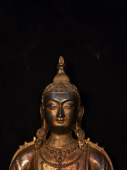 20"Tibet Temple Collection Old Bronze Cinnabar Gilding Amitayus Buddha Guanyin Sitting Buddha Worship Hall Town house Exorcism