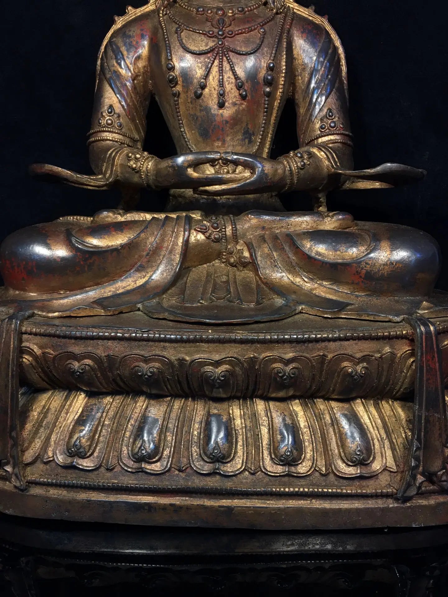 20"Tibet Temple Collection Old Bronze Cinnabar Gilding Amitayus Buddha Guanyin Sitting Buddha Worship Hall Town house Exorcism