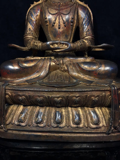 20"Tibet Temple Collection Old Bronze Cinnabar Gilding Amitayus Buddha Guanyin Sitting Buddha Worship Hall Town house Exorcism
