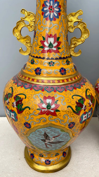 20"Tibet Temple Collection Old Bronze Cloisonne Enamel Dragon Ear cloud texture Fu Shou Bottle Vase A pair Ornaments Town house