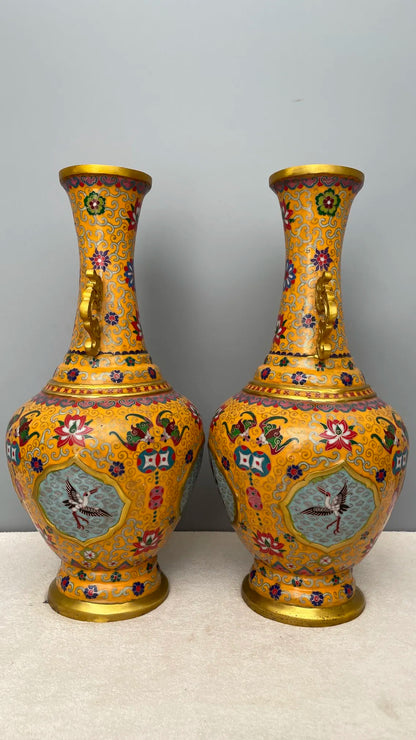 20"Tibet Temple Collection Old Bronze Cloisonne Enamel Dragon Ear cloud texture Fu Shou Bottle Vase A pair Ornaments Town house
