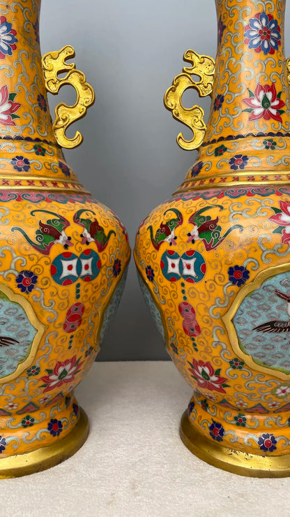 20"Tibet Temple Collection Old Bronze Cloisonne Enamel Dragon Ear cloud texture Fu Shou Bottle Vase A pair Ornaments Town house
