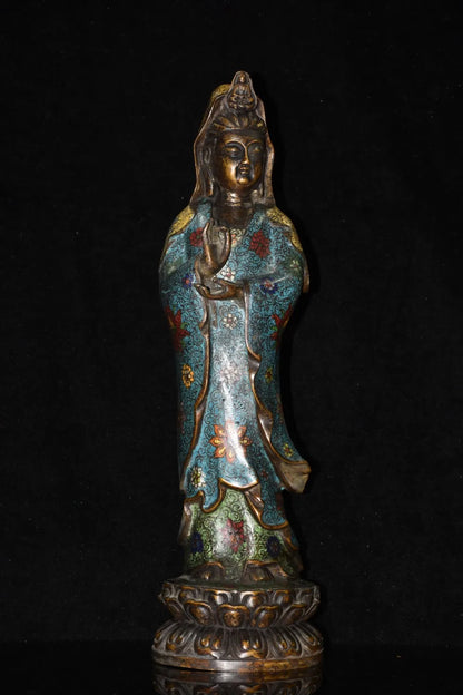 20"Tibet Temple Collection Old Bronze Cloisonne Enamel Flower texture Guanyin Bodhisattva Buddha Lotus stage Worship Hall