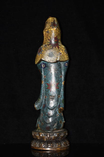 20"Tibet Temple Collection Old Bronze Cloisonne Enamel Flower texture Guanyin Bodhisattva Buddha Lotus stage Worship Hall