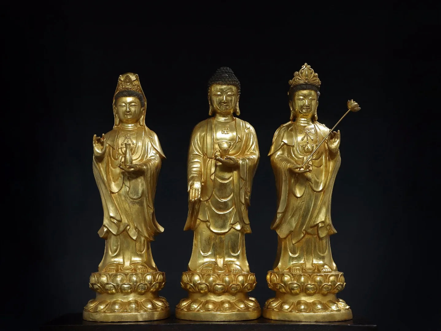 20"Tibet Temple Collection Old Bronze Gilded Cinnabar Three Sages Shakyamuni Guanyin Buddha Lotus Platform Set Worship Hall