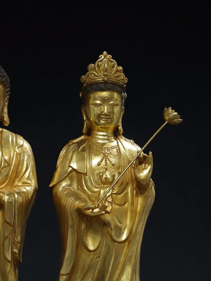 20"Tibet Temple Collection Old Bronze Gilded Cinnabar Three Sages Shakyamuni Guanyin Buddha Lotus Platform Set Worship Hall