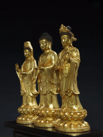 20"Tibet Temple Collection Old Bronze Gilded Cinnabar Three Sages Shakyamuni Guanyin Buddha Lotus Platform Set Worship Hall