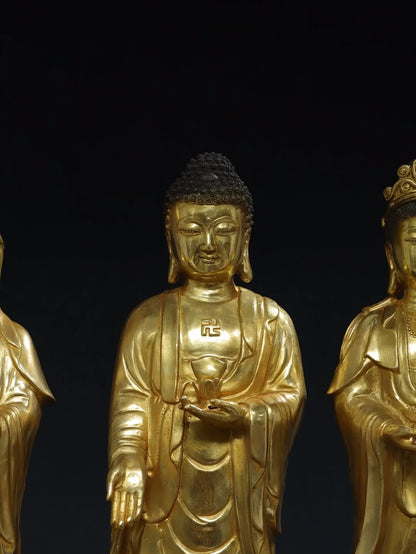 20"Tibet Temple Collection Old Bronze Gilded Cinnabar Three Sages Shakyamuni Guanyin Buddha Lotus Platform Set Worship Hall