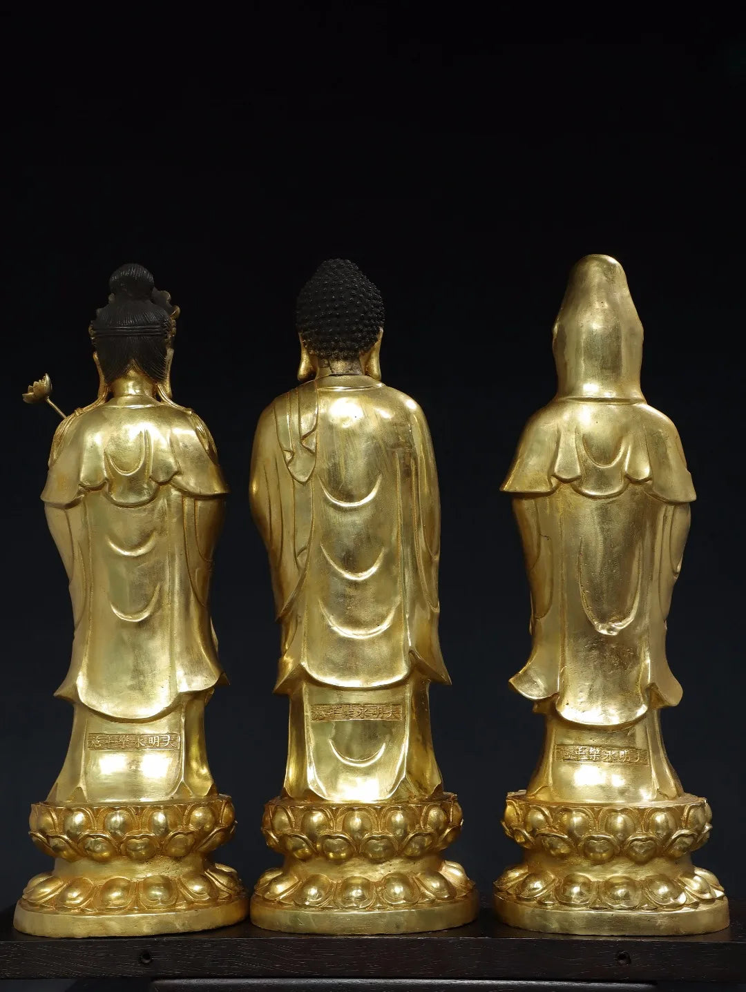20"Tibet Temple Collection Old Bronze Gilded Cinnabar Three Sages Shakyamuni Guanyin Buddha Lotus Platform Set Worship Hall