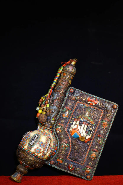 20"Tibet Temple Collection Old Natural Conch Painted Mosaic Gem Shell Elephant Pattern Buddhist Snail Dharma Worship Hall