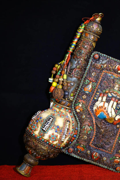 20"Tibet Temple Collection Old Natural Conch Painted Mosaic Gem Shell Elephant Pattern Buddhist Snail Dharma Worship Hall