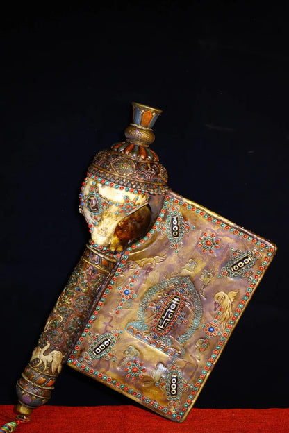 20"Tibet Temple Collection Old Natural Conch Painted Mosaic Gem Shell Elephant Pattern Buddhist Snail Dharma Worship Hall