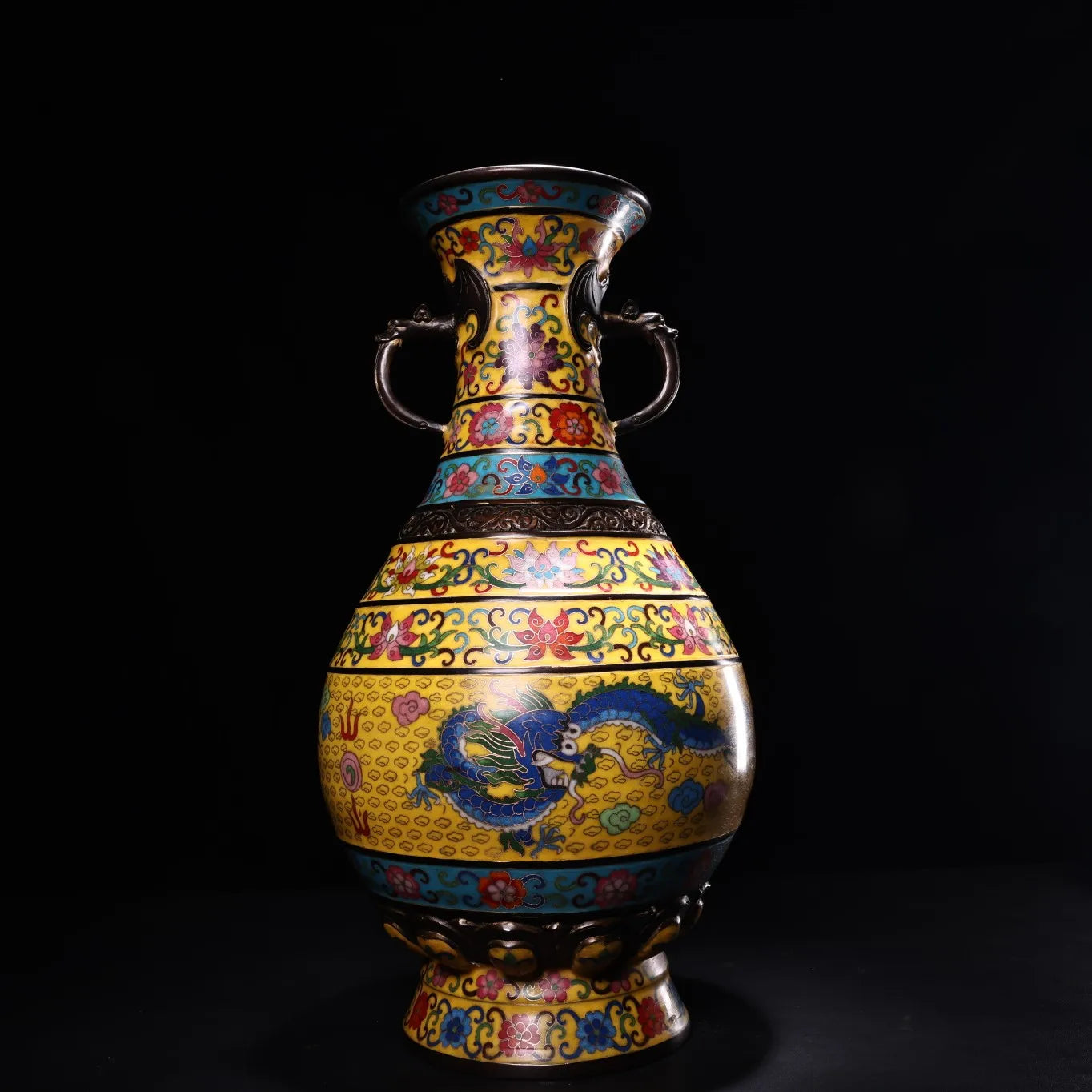 20"Tibetan Temple Collection Old Bronze Cloisonne Enamel Dragon Texture Dragon Ear Belly Vase Amass wealth Ornaments Town house