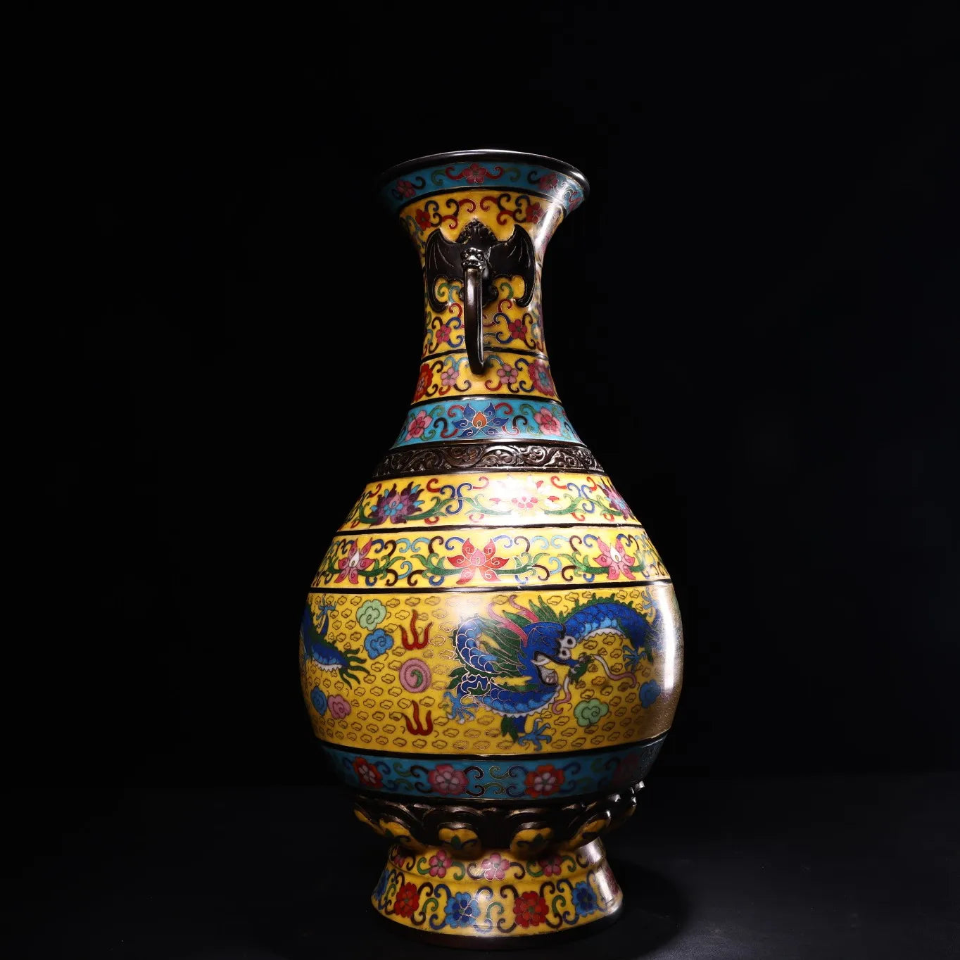 20"Tibetan Temple Collection Old Bronze Cloisonne Enamel Dragon Texture Dragon Ear Belly Vase Amass wealth Ornaments Town house
