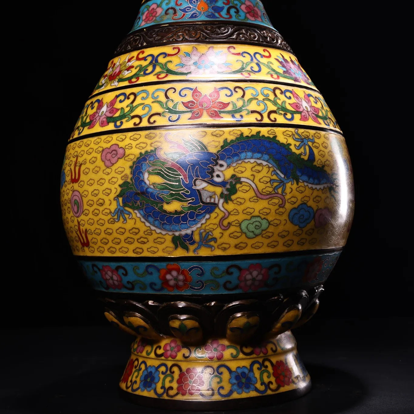 20"Tibetan Temple Collection Old Bronze Cloisonne Enamel Dragon Texture Dragon Ear Belly Vase Amass wealth Ornaments Town house