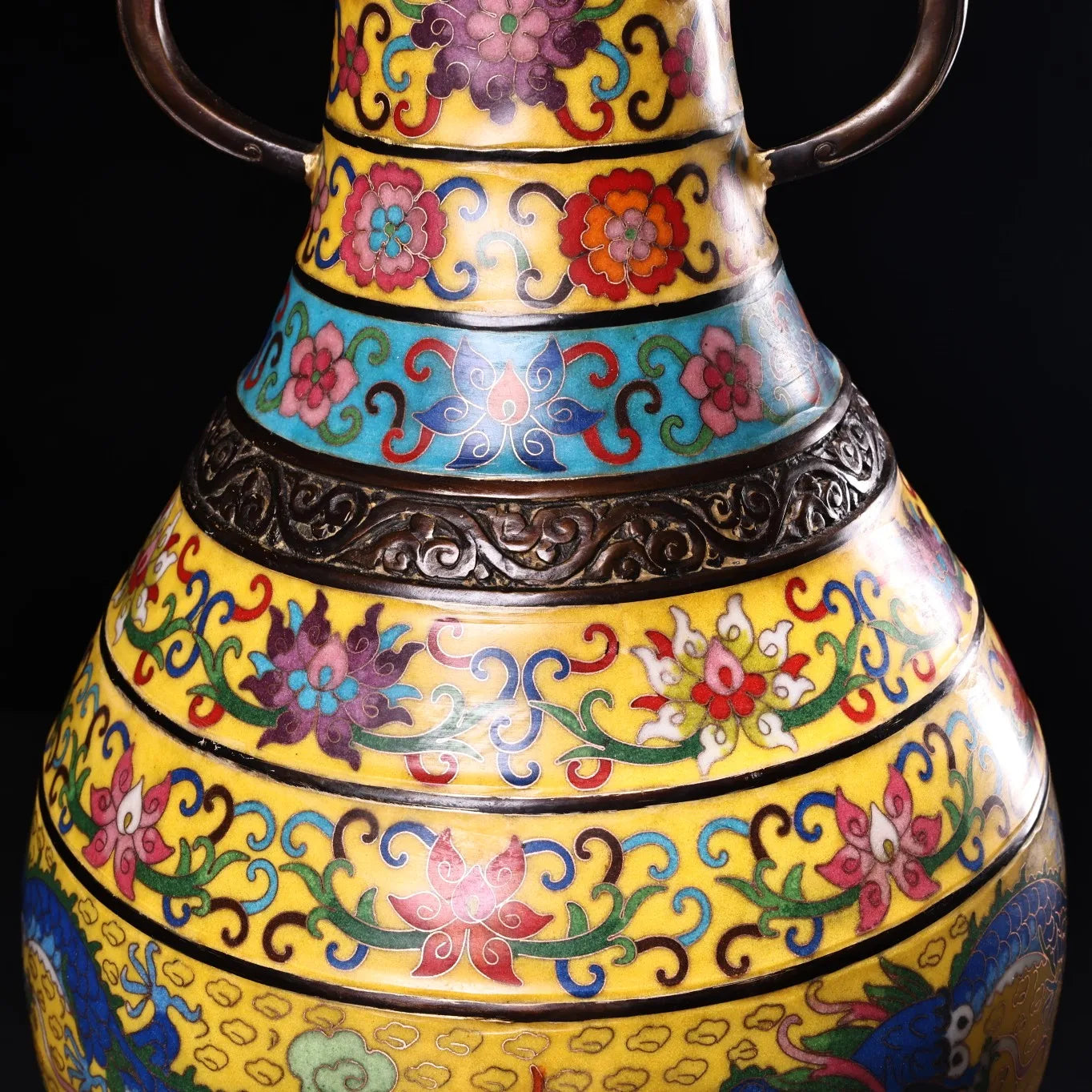 20"Tibetan Temple Collection Old Bronze Cloisonne Enamel Dragon Texture Dragon Ear Belly Vase Amass wealth Ornaments Town house