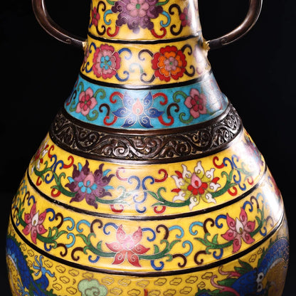 20"Tibetan Temple Collection Old Bronze Cloisonne Enamel Dragon Texture Dragon Ear Belly Vase Amass wealth Ornaments Town house