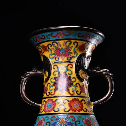 20"Tibetan Temple Collection Old Bronze Cloisonne Enamel Dragon Texture Dragon Ear Belly Vase Amass wealth Ornaments Town house