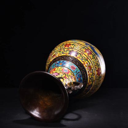 20"Tibetan Temple Collection Old Bronze Cloisonne Enamel Dragon Texture Dragon Ear Belly Vase Amass wealth Ornaments Town house