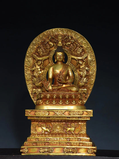 20"Tibetan Temple Collection Old Bronze Gilded Cinnabar Medicine Buddha Amitabha Buddha Platform Worship Hall Town House