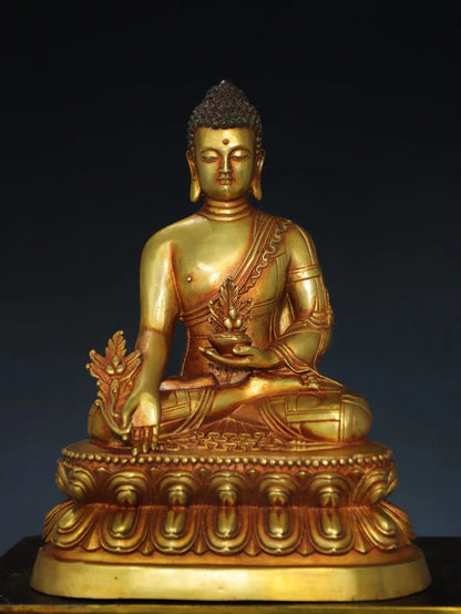 20"Tibetan Temple Collection Old Bronze Gilded Cinnabar Medicine Buddha Amitabha Buddha Platform Worship Hall Town House