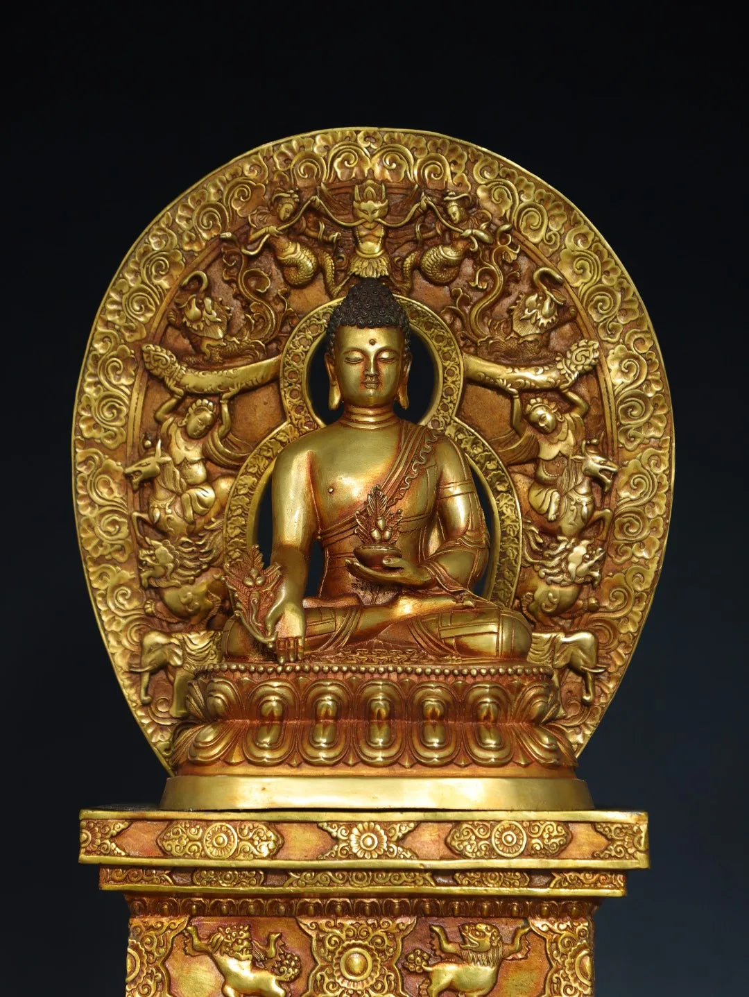 20"Tibetan Temple Collection Old Bronze Gilded Cinnabar Medicine Buddha Amitabha Buddha Platform Worship Hall Town House