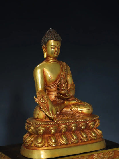 20"Tibetan Temple Collection Old Bronze Gilded Cinnabar Medicine Buddha Amitabha Buddha Platform Worship Hall Town House
