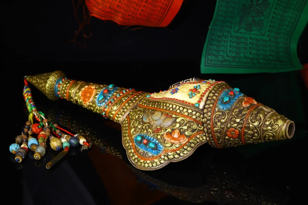 20"Tibetan Temple Collection Old Natural Conch Mosaic Gem gZi Beads Left handed screw Conch Amulet Dharma Worship Hall Town hous