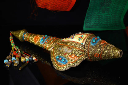 20"Tibetan Temple Collection Old Natural Conch Mosaic Gem gZi Beads Left handed screw Conch Amulet Dharma Worship Hall Town hous