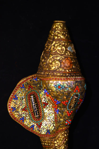 20"Tibetan Temple Collection Old Natural Conch Painted Mosaic Gem gZi Beads GARUDA Conch Pendant Amulet Worship Hall Town house