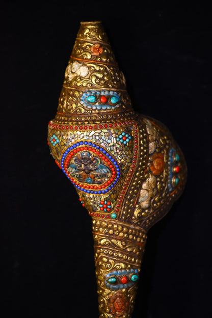 20"Tibetan Temple Collection Old Natural Conch Painted Mosaic Gem gZi Beads GARUDA Conch Pendant Amulet Worship Hall Town house