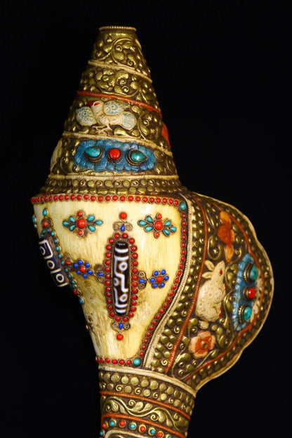 20"Tibetan Temple Collection Old Natural Conch Painted Tibetan silver Mosaic Gem gZi Beads Rabbit Buddha Conch Amulet Town house