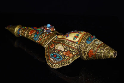 20"Tibetan Temple Collection Old Natural Conch Painted Tibetan silver Mosaic Gem gZi Beads Rabbit Buddha Conch Amulet Town house