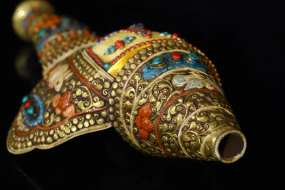 20"Tibetan Temple Collection Old Natural Conch Painted Tibetan silver Mosaic Gem gZi Beads Rabbit Buddha Conch Amulet Town house