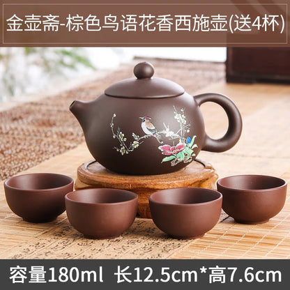 200cc Yixing Purple Clay Teapot Sets 5pcs Ceramic Kungfu Tea Set 1 Teapot 4 Cups Handmade Zisha Tea Pot Xishi Bubble Filter Pot