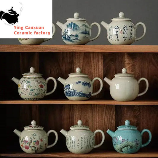 200ml Chinese Traditional Ceramic Teapots Handmade Flower Pattern Kettle Travel Portable Ball Hole Filter Tea Pot Home Tea Set
