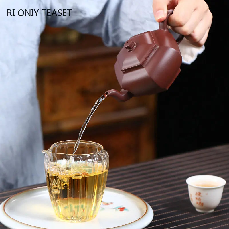200ml Chinese Yixing High-end Purple Clay Teapots Handmade Hexagonal Shape Tea Pot Raw Ore Purple Mud Kettle Zisha Tea Set