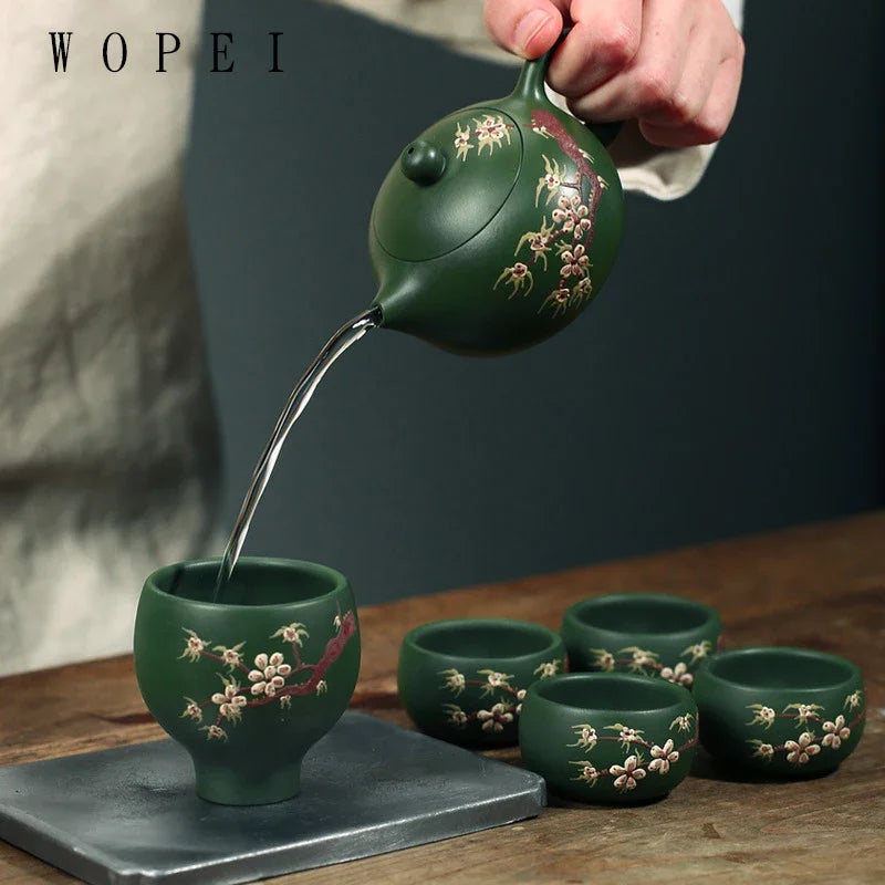 200ml Chinese Yixing Purple Clay Teapot Handmade Plum Bossom Xishi Tea Pot Ball Hole Filter Beauty Kettle Boutique Zisha Tea Set
