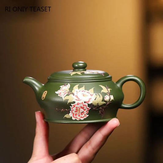 200ml Chinese Yixing Purple Clay Teapots Famous Artists Handmade Flower Pattern Tea Pot Raw Ore Green Mud Kettle Zisha Tea Set
