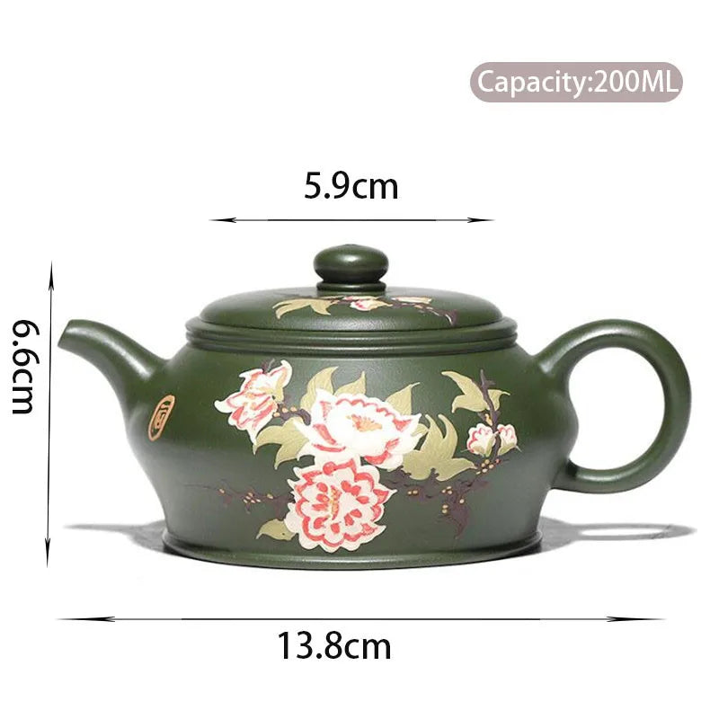 200ml Chinese Yixing Purple Clay Teapots Famous Artists Handmade Flower Pattern Tea Pot Raw Ore Green Mud Kettle Zisha Tea Set