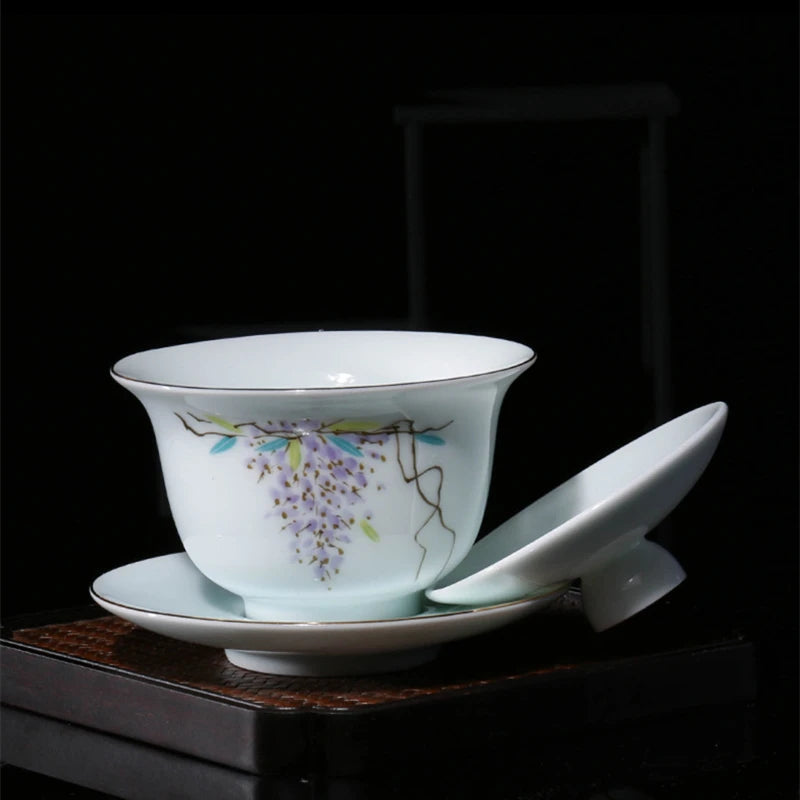 200ml Chinese porcelain gaiwan under glaze lead free ceramic tureen handpainted covered bowl set Sancai cup saucer lid in China