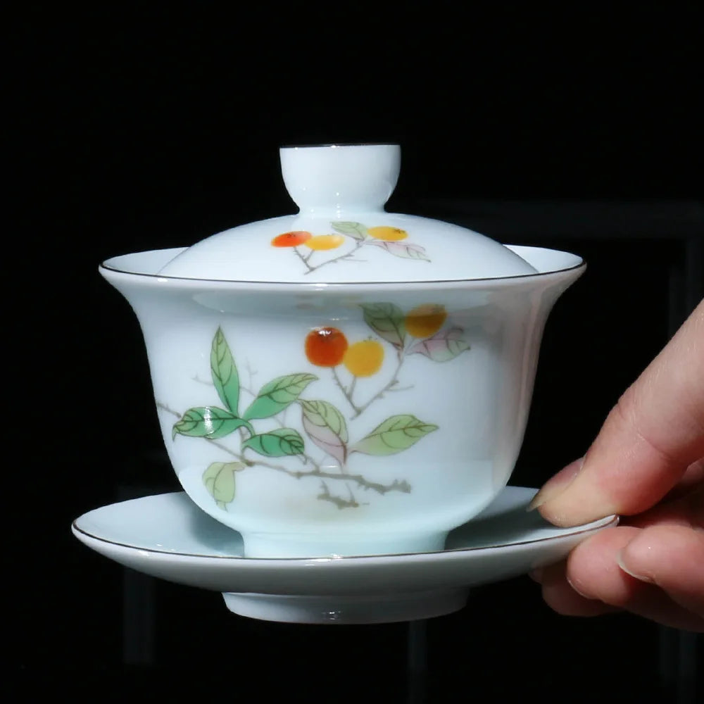200ml Chinese porcelain gaiwan under glaze lead free ceramic tureen handpainted covered bowl set Sancai cup saucer lid in China
