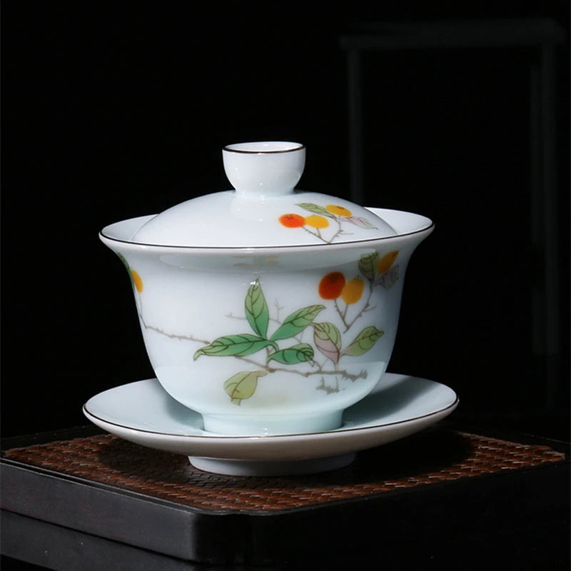 200ml Chinese porcelain gaiwan under glaze lead free ceramic tureen handpainted covered bowl set Sancai cup saucer lid in China