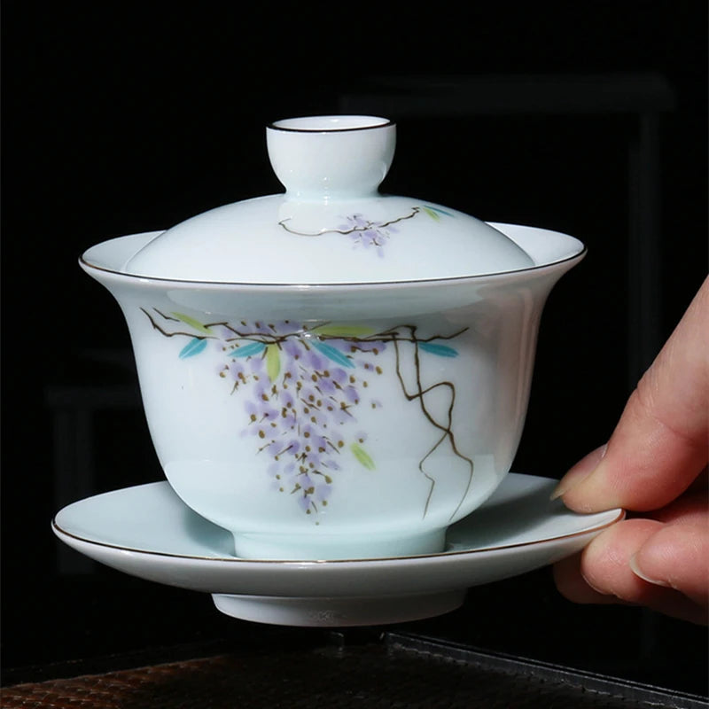 200ml Chinese porcelain gaiwan under glaze lead free ceramic tureen handpainted covered bowl set Sancai cup saucer lid in China