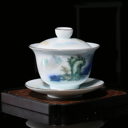 200ml Chinese porcelain gaiwan under glaze lead free ceramic tureen handpainted covered bowl set Sancai cup saucer lid in China
