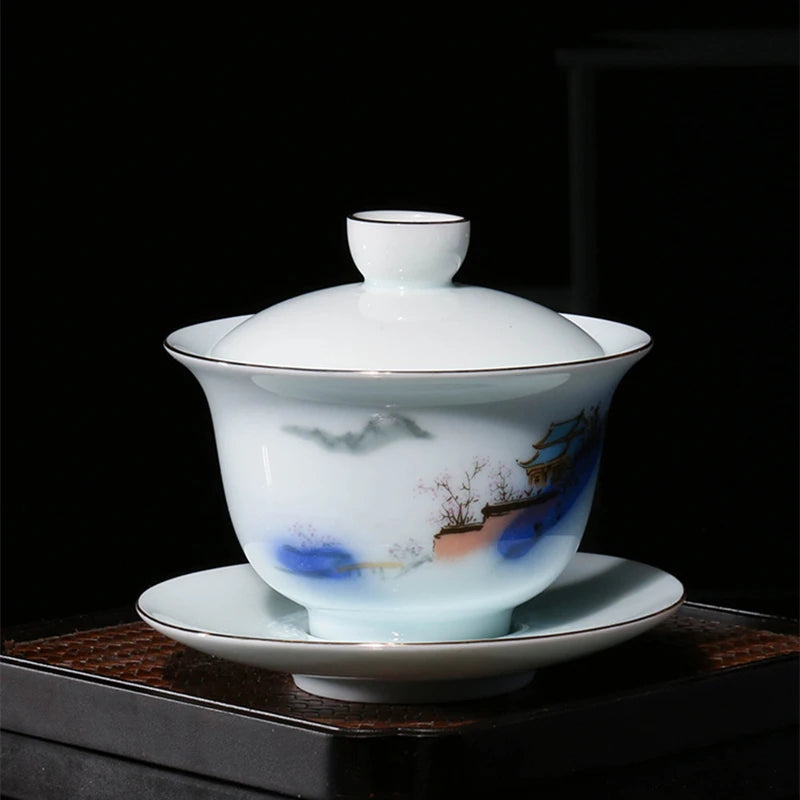 200ml Chinese porcelain gaiwan under glaze lead free ceramic tureen handpainted covered bowl set Sancai cup saucer lid in China