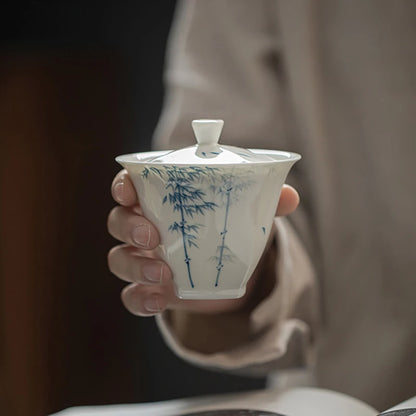200ml Jade Clay White Porcelain Hand-painted Blue and White Bamboo Gaiwan Chinese Style Simple Tea Making Bowl