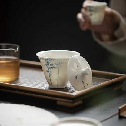 200ml Jade Clay White Porcelain Hand-painted Blue and White Bamboo Gaiwan Chinese Style Simple Tea Making Bowl
