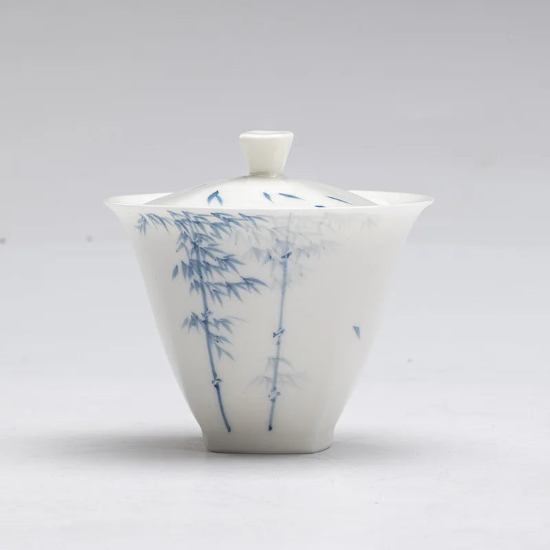 200ml Jade Clay White Porcelain Hand-painted Blue and White Bamboo Gaiwan Chinese Style Simple Tea Making Bowl