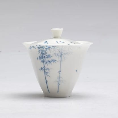 200ml Jade Clay White Porcelain Hand-painted Blue and White Bamboo Gaiwan Chinese Style Simple Tea Making Bowl